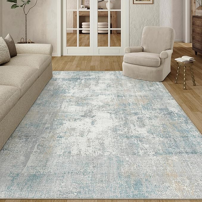 5x7 Washable Area Rug Blue Cream Abstract Living Room Bedroom Carpet Neutral Modern Non-Slip Soft Low Pile Lightweight Vacuumable Throw Rug for Dining Room Entryway