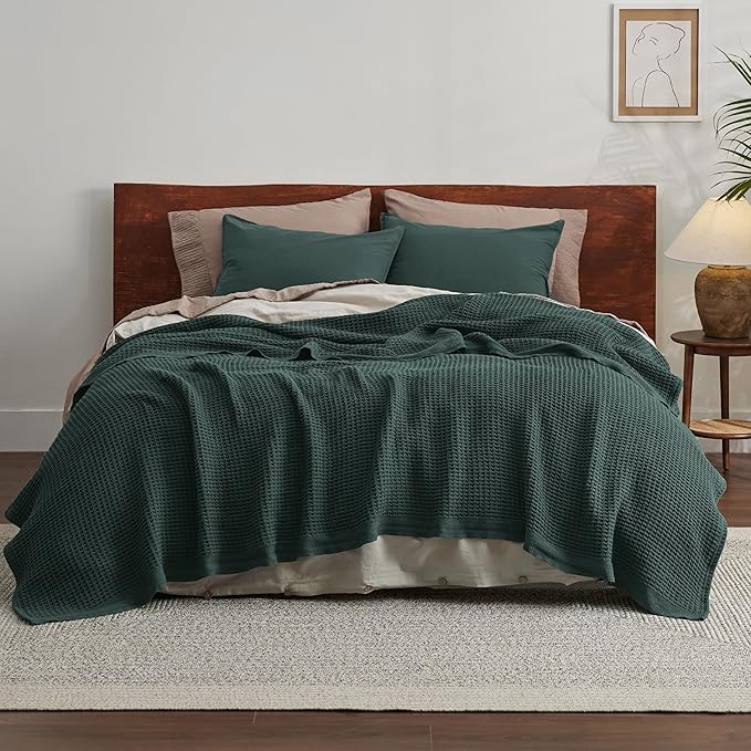 Bedsure Gentlesoft 100% Cotton Blanket King Size for Bed - Breathable and Soft, Thick Cozy Waffle Weave Christmas Blanket Gift for Women, Dark Green, 104x90 inches