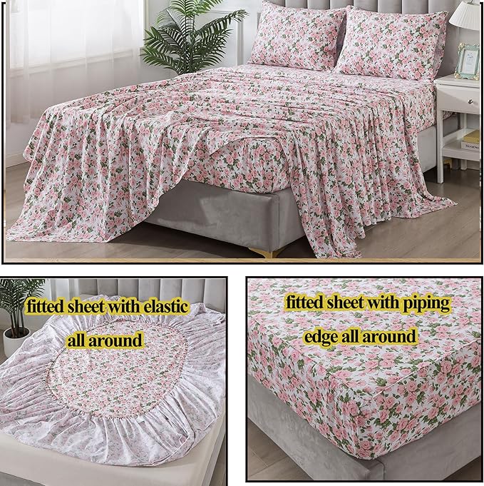 FADFAY Sheets Set Queen Pink Rose Floral Bedding Rustic Peony Flower Bed Sheet Set Vintage Farmhouse Bedding 100% Cotton Soft Breathable Collection with Deep Pocket Fitted Sheet 4Pcs, Queen Size