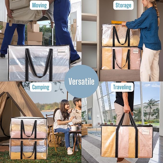 VENO 10 Pack Clear Moving Bags Christmas Storage Bags, Large Storage Bins with Lids, Heavy Duty Holiday Decor Organizers Moving Boxes Tote Packing Garland Ornament Supplies for College Dorm Clothes