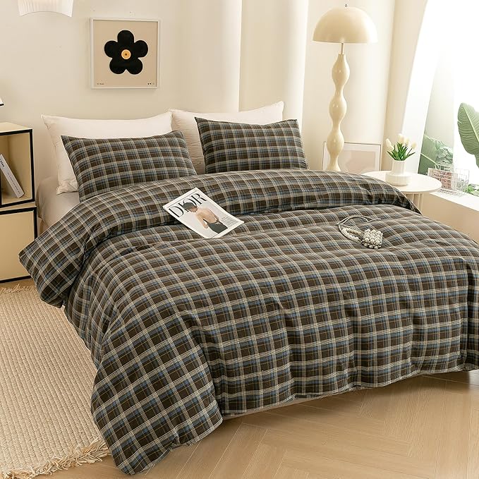 ECOCOTT Buffalo Plaid Duvet Cover Queen Size – 3 Piece Washed Cotton Brown & Blue Bedding Set, Soft & Breathable, Reversible Checkered Design with Zipper Closure & Corner Ties