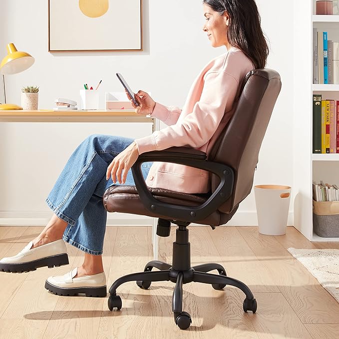 Amazon Basics Classic Puresoft PU Padded Mid-Back Height Adjustable Office Computer Desk Chair with Armrest, 25.75"D x 24.25"W x 42.25"H, Brown