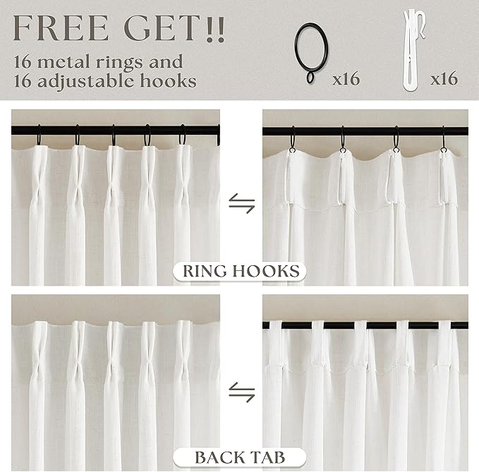 Thick Linen Semi Sheer Curtains 90 Inches Long for Living Room Bedroom Light Filtering Beige Off White Textured Burlap Pinch Pleated Curtains 90 Length Hooks Rings Back Tab for Sliding Door 2 Panels