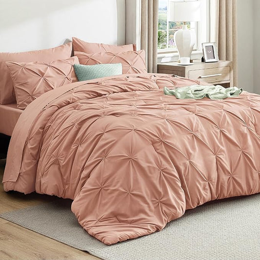 Bedsure California King Comforter Set Dusty Pink - Bed in a Bag California King 7 Pieces, GentleSoft™ Pintuck Bed Set Gift for Family, Pinch Pleat Dusty Pink Comforter with Sheets, Pillowcases & Shams