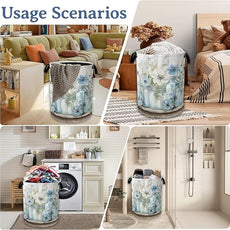 Flowers Laundry Basket,Foldable Oxford Cloth Vintage Wooden Board Laundry Hamper with Handles, 20.8