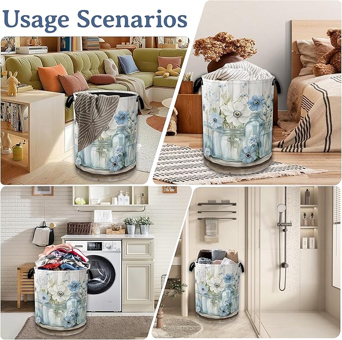 Flowers Laundry Basket,Foldable Oxford Cloth Vintage Wooden Board Laundry Hamper with Handles, 20.8"x16" Tote Bag Clothes Storage Bucket for Laundry Room/Bathroom/Bedroom/Dormitories