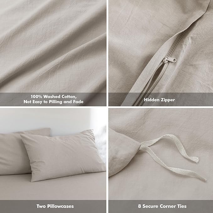 FOSSA Duvet Cover Set 100% Washed Cotton Linen Feel Super Soft Breathable Cozy Simple Style 3 Pieces Bedding Sets Solid Cream Grey Oversized King Plus