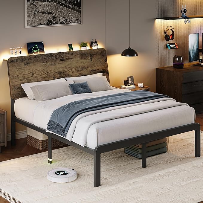 iPormis Full Size Metal Bed Frame with LED Lights & Charging Station, Platform Bed with Ergonomic Storage Headboard, Steel Slats Supports, No Box Spring Needed, Noise-Free, Easy Assembly, Rustic