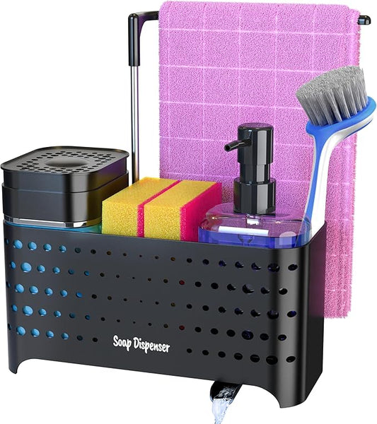 YAN & HIN Dish soap Dispenser with Sponge Holder, 5-in-1 High Brush Holder with Hand Soap & Dish Soap Dispensers - Perfect Kitchen Soap Dispenser Set, Includes Sponge, Dishcloth Bar