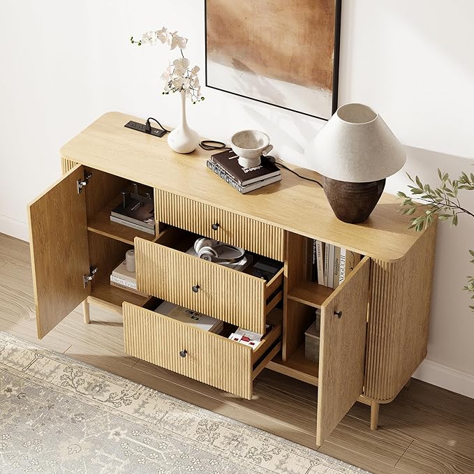 59" Sideboard Buffet Cabinet with Storage, Modern Fluted Accent Credenza with Charging Station, Wood Mid Century Buffet Table Coffee Bar Console Table with 3 Drawers & 2 Doors for Kitchen, Entryway