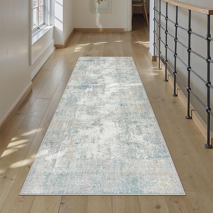 2x5 Washable Runner Rug Blue Cream Abstract Hallway Kitchen Throw Rug Neutral Modern Non Slip Soft Low Pile Lightweight Carpet for Bathroom Laundry Bedroom Living Room