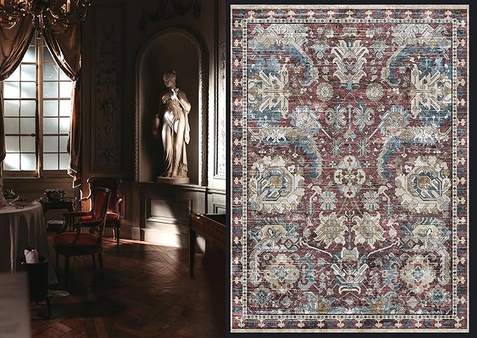 RUGSURE Washable Area Rugs - Perfect for Living Room, Bedroom, Kids Room, Nursery - Stain & Water Resistant Non-Slip, Pet & Child Friendly, Vintage Tribal Area Rugs (Rust and Bule, 9' x 12')