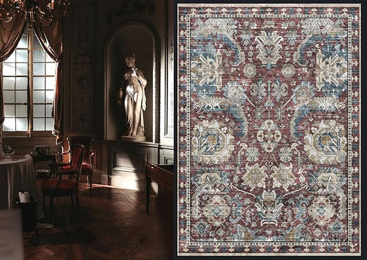 RUGSURE Washable Area Rugs - Perfect for Living Room, Bedroom, Kids Room, Nursery - Stain & Water Resistant Non-Slip, Pet & Child Friendly, Vintage Tribal Area Rugs (Rust and Blue, 5' x 7')