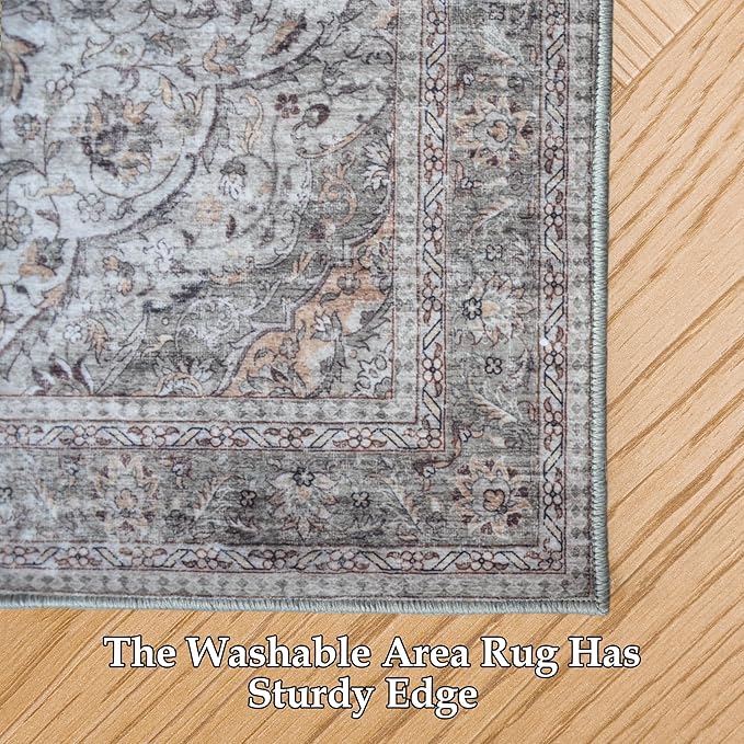 RCTJHOME 2'x6' Runner Rug for Hallway with 4 non-slip tapes, Machine Washable Kitchen Boho Runner Rug, Distressed Bedroom Beside Rug, Laundry Room, Farmhouse Entryway Mat, Distress Floral Forest Green