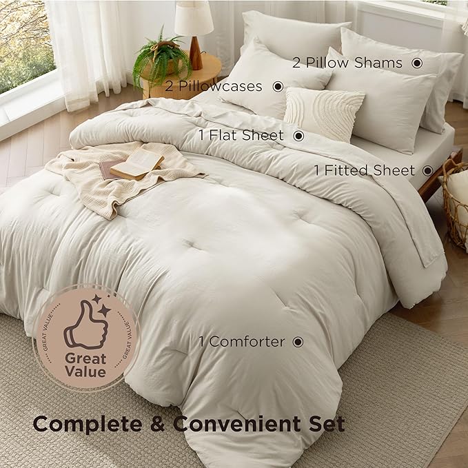Bedsure Full Size Comforter Set, Beige Soft Prewashed Bedding for All Seasons, 7 Pieces Warm Winter Down Alternative Bed Set, Fluffy Bed in a Bag with Sheets, Pillowcases & Shams