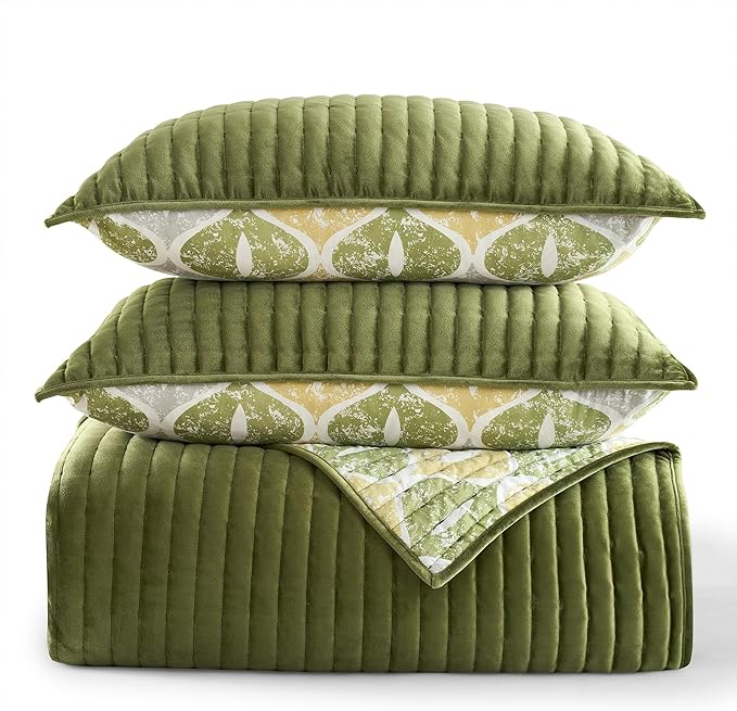 Wonderful Velvet Quilt Set - Striped Channel Stitch Green Quilt King, Rustic Ogee Printed Cotton Reversible Lightweight Comforter, Farmhouse Soft Bedspread Coverlet Bedding for All Season, 106"x94"