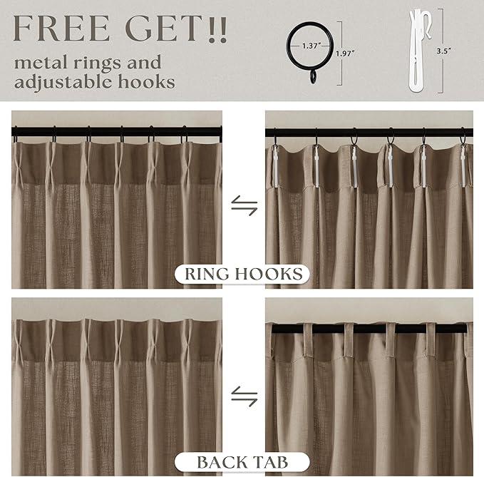 Farmhouse Tan Brown Linen Curtains 102 Inches Long for Living Room Pinch Pleated Drape with Hooks Rings for Track System Light Filtering 102 Inch Curtain for Bedroom Sliding Patio Door 2 Panels