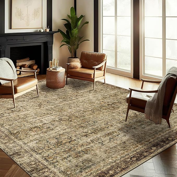 Area Rug 4x6 Washable Rug Brown Vintage Traditional Floor Cover Foldable Thin Retro Kitchen Accent Indoor Distressed Non Slip Carpet Floral Print Mat Bedroom Living Room