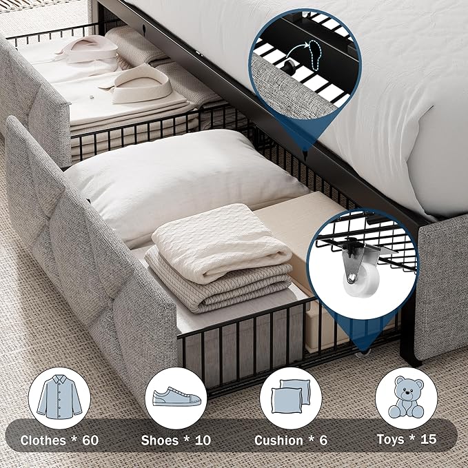 Queen Bed Frame with 4 Storage Drawers, Upholstered Platform Bed with Charging Station, Modern Wingback Storage Headboard, Easy Assembly,Noise-Free, Light Gray