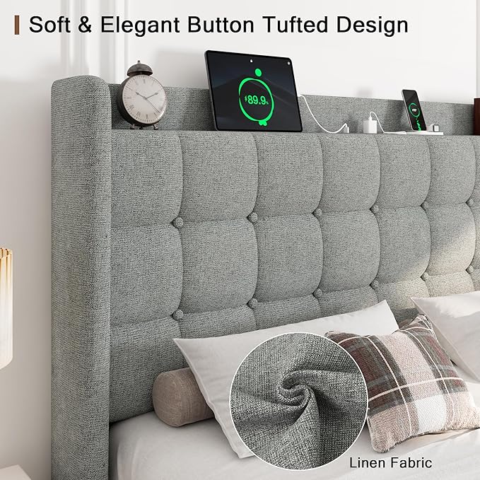 Full Size Bed Frame, Upholstered Platform Bed with Charging Station, Modern Wingback Storage Headboard, Solid Wood Slats Support, No Box Spring Needed, Light Gray