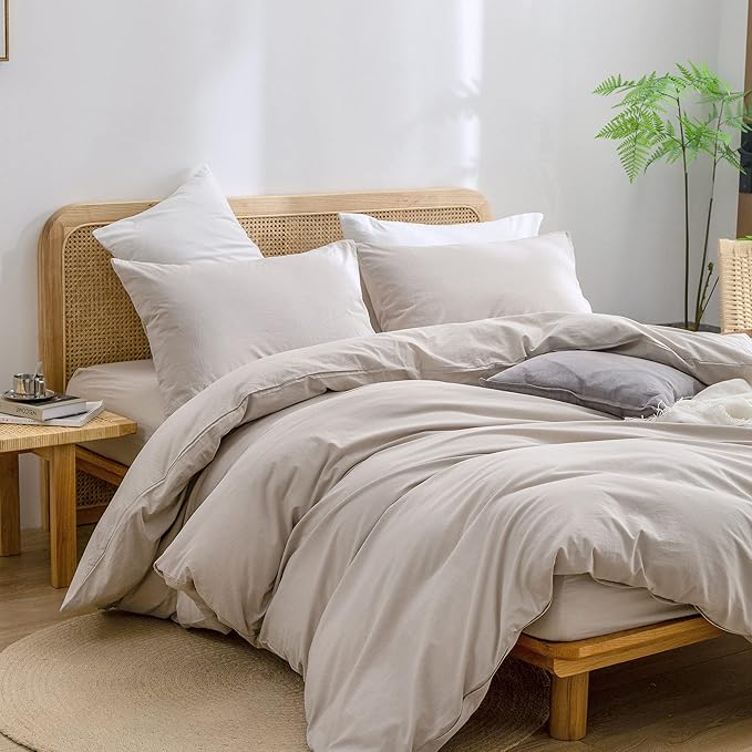 BESTOUCH Duvet Cover Set 100% Washed Cotton Linen Feel Super Soft Comfortable Chic Lightweight 3 PCs Home Bedding Set Solid Linen Grey Super King Plus