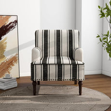 Accent Chair, Mid Century Modern Comfy Armchair for Living Room, Linen Fabric Single Sofa Lounge for Reading Bedroom Apartment Waiting Room with Wood Legs (Black Stripe, Set of 1)