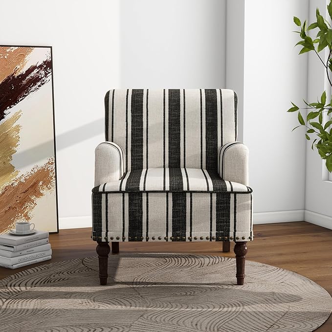 Accent Chair, Mid Century Modern Comfy Armchair for Living Room, Linen Fabric Single Sofa Lounge for Reading Bedroom Apartment Waiting Room with Wood Legs (Black Stripe, Set of 1)