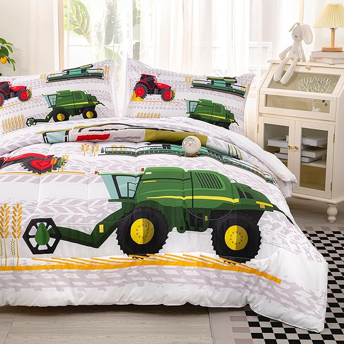 CVHOUSE Tractor Bedding Set for Boys - Excavator Comforter & Trucks Tractors Cars Quilt Set with 1 Comforter and 2 Pillow Cases - 3 Piece