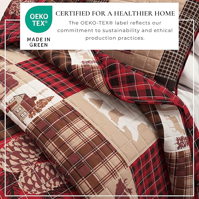 Great Bay Home Rustic Cabin Twin Size Quilt Set with Shams - All-Season, Lightweight, Reversible Bedspread - Lodge-Themed Summer Bedding Sets (Twin/Twin XL, Hemlock Red/Brown)