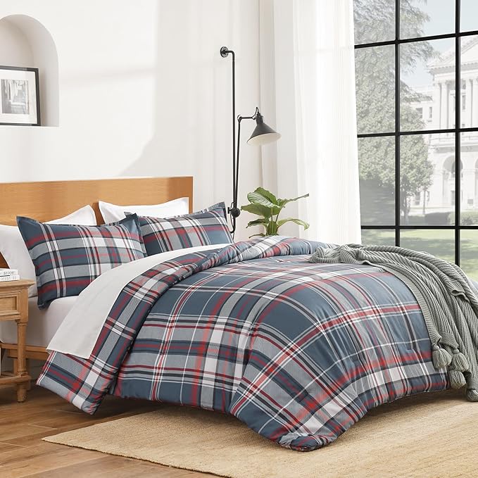 Andency Navy Red Plaid Comforter Set Full(79x90Inch), 3 Pieces Grid Gingham Stripes Bedding Comforter Sets for Boys Girls Kids Teens, Preppy Geometric Line Soft Lightweight Reversible Bed Set as Gift