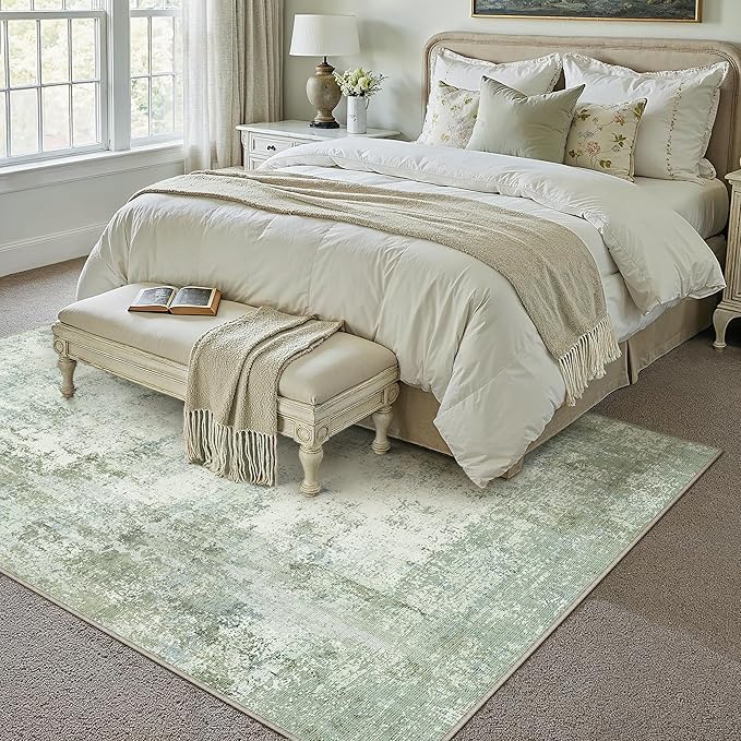 10x14 Washable Area Rug Sage Green Abstract Living Room Bedroom Carpet Neutral Modern Non-Slip Soft Low Pile Lightweight Vacuumable Large Throw Rug for Dining Room