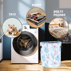 Cactus Flowers Laundry Basket Pink Floral Foldable Oxford Cloth Funny Tote Bag Laundry Hamper Clothes Storage Bucket Organizer For Bathroom/Laundry Storage/Bedroom 17.7x13.7 Inch