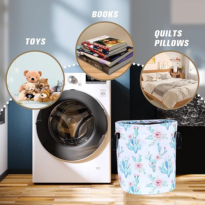 Cactus Flowers Laundry Basket Pink Floral Foldable Oxford Cloth Funny Tote Bag Laundry Hamper Clothes Storage Bucket Organizer For Bathroom/Laundry Storage/Bedroom 17.7x13.7 Inch