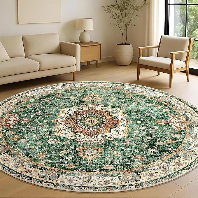 Green Round Rug 6ft,Large Circle Area Rugs for Living Room Bedroom Dining Room,Washable Boho Vintage Bohemian Distressed Oriental Floral Carpet Non Slip,Retro Sage Floral