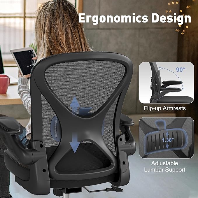 ZZH Mesh Office Chair with Adjustable Lumbar Support and Flip-up Arms, Ergonomic Home Office Desk Chair with Wheels, Black