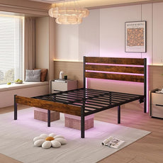 Full Size Bed Frame with Headboard,Heavy Duty LED Bed Frame with USB Charging Station,Mattress Foundation-Under Bed Storage, No Box Spring Needed, Noise Free,Brown