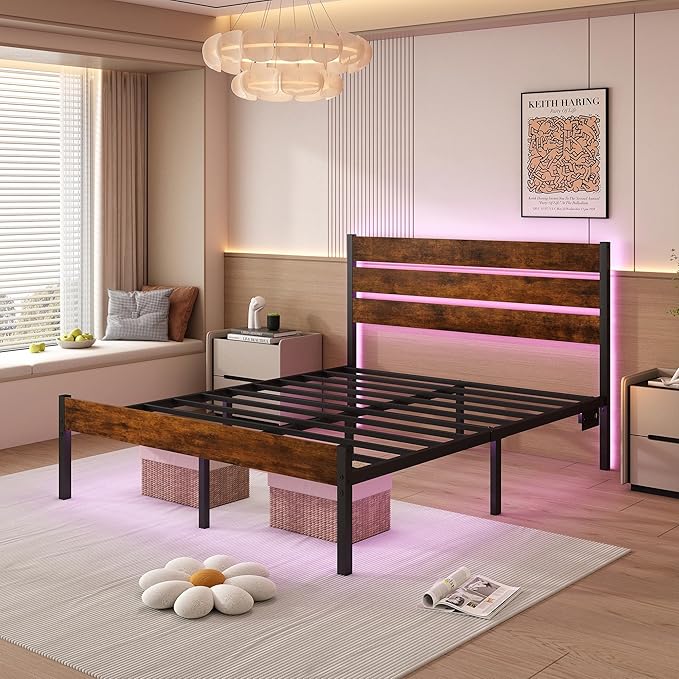Full Size Bed Frame with Headboard,Heavy Duty LED Bed Frame with USB Charging Station,Mattress Foundation-Under Bed Storage, No Box Spring Needed, Noise Free,Brown