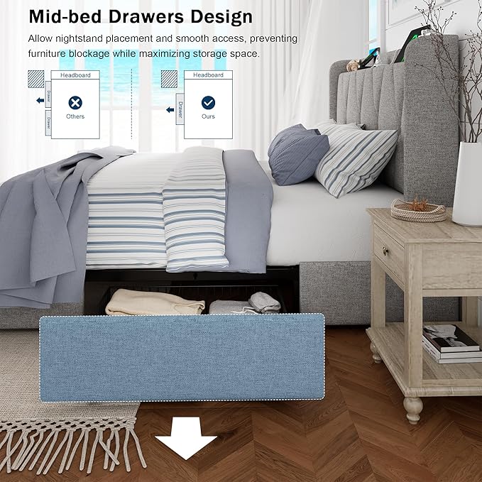 Queen Bed Frame with 4 Storage Drawers, Upholstered Platform Bed with Charging Station, Modern Wingback Storage Headboard, Easy Assembly,Noise-Free, Light Gray