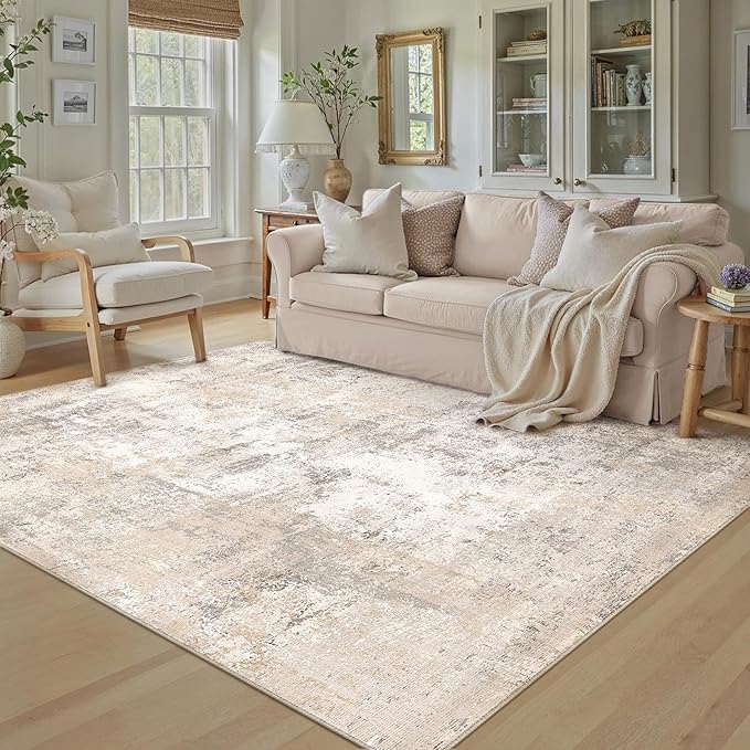 5x7 Washable Area Rug Beige Grey Abstract Living Room Bedroom Throw Rug Neutral Modern Non Slip Soft Low Pile Indoor Carpet for Dining Room Office Entryway