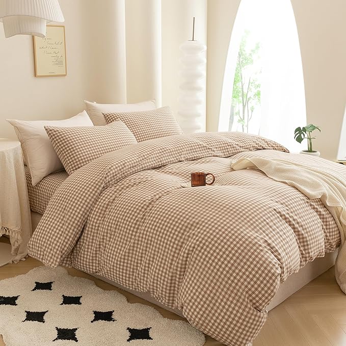 ECOCOTT Gingham Duvet Cover Queen Size 100% Washed Cotton Like Linen Feel Super Soft & Comfy Bedding Set Modern Checkered Design for All Seasons