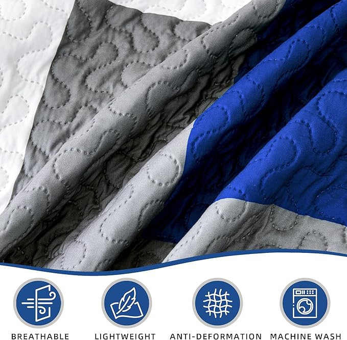 3 Piece Blue White Grey Quilt Set California King Size Black White Geometric Reversible Bedding Set Microfiber Lightweight Bedspread Coverlet with 2 Shams Bed Covers for All Season, 118''x106''