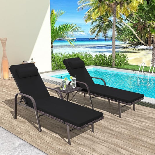 Patio Chaise Lounge Set 3 Pieces Pool Lounge Chairs,Cushioned Outdoor Folding Lounge Chair w/Arm and Rattan Adjustable Backrest for Poolside Porch,Folding Table Included,Black