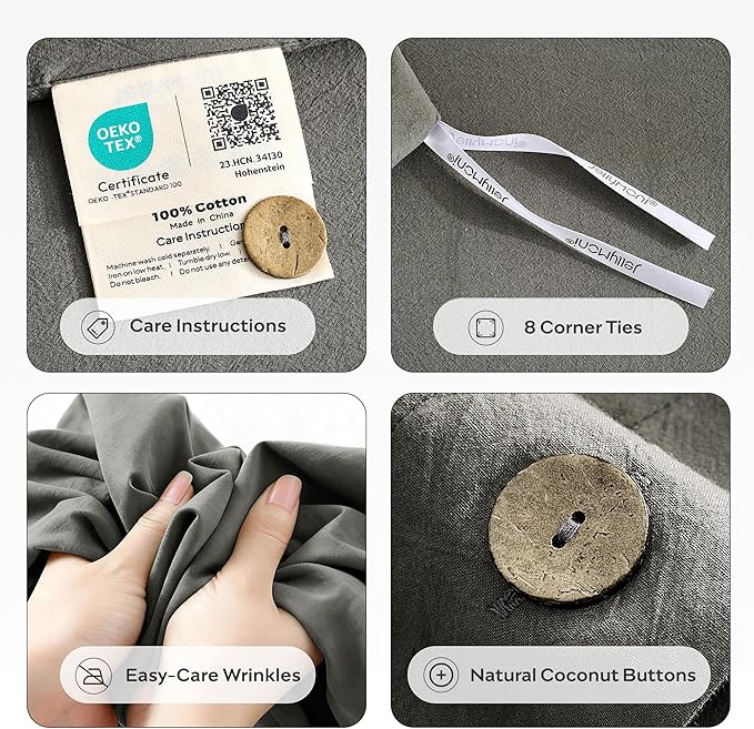 JELLYMONI 100% Washed Cotton Duvet Cover Queen – Soft, Breathable Linen-Look Bedding with Natural Wrinkle Texture, Button Closure, 3-Piece Set (Dark Grey, 90"x90")