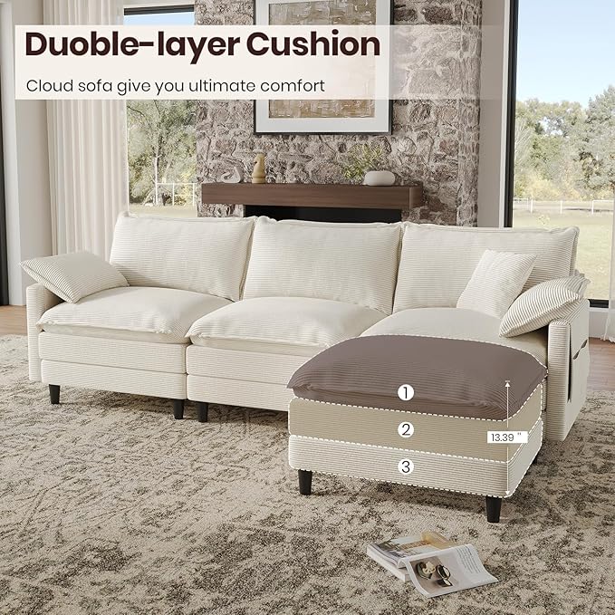 108" L Shaped Modular Sectional Cloud Couch with Ottoman, Snap-on Easy Installation 3 Seater Deep Seat Sofa with Storage Bag and Coffee Table for Living Room, Corduroy, Beige