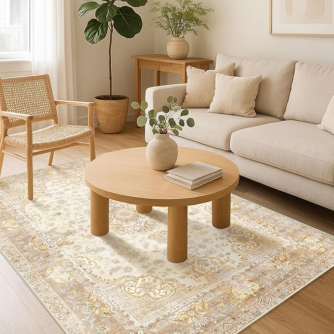 Boho Rug 4'x6.5',Washable Area Rugs for Bedroom Living Room Kitchen Entryway Bedside,Small Vintage Bohemian Distressed Non Slip Carpet,Beige Gold Floral