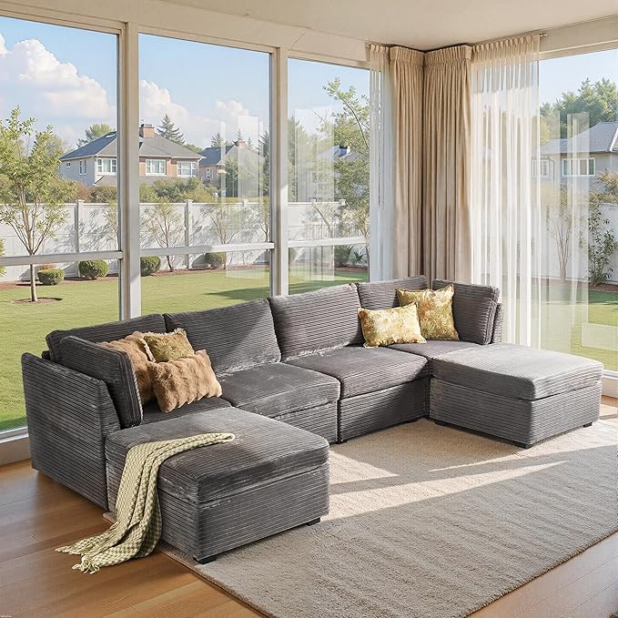 Large 6 Seat Modular Sectional Sofa with Ottoman Seat Corduroy Sleeper Sectional Sofa Bed Oversized Convertible Modular Couch for Living Room