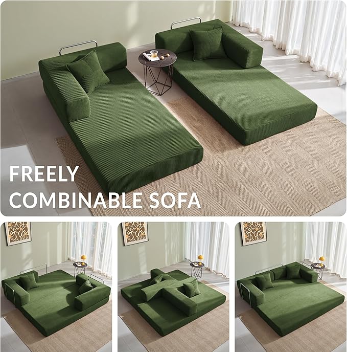 YINIX Foldable Sofa Bed, 62'' Folding Floor Couch, Compressed Convertable Sleeper Sofa, Memory Foam Couch with Pillow Back Support Armrest, 4-in-1 Futon Sofa Bed for Living Room, Green