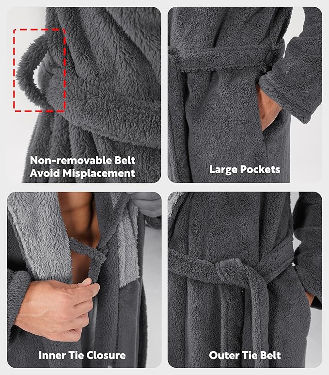 DAVID ARCHY Men's Hooded Robe Soft Coral Fleece Microfiber Bathrobe