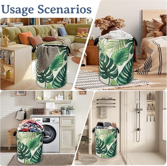 Tropical Palm Leaves Laundry Hamper With Handle,Foldable Oxford Cloth Laundry Basket,20.8"x16" Clothes Storage Basket for Laundry Room/Bedroom/Bathroom