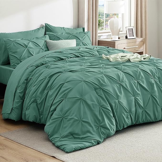 Bedsure California King Comforter Set Graysih Green - Bed in a Bag Cal King Bedding Set 7 Pieces, GentleSoft™ Pintuck Bed Set Gift for Family, Pinch Pleat Comforter with Sheets, Pillowcases & Shams